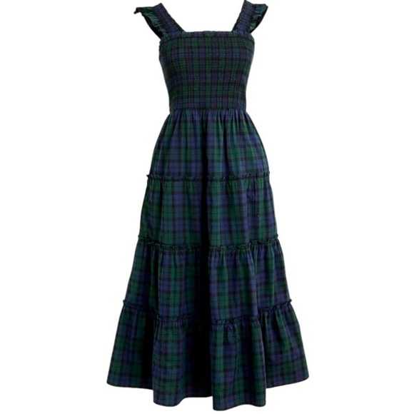 [J Crew] Navy Tartan Plaid Cotton Smocked Tiered Midi Nap Dress - Picture 6 of 7
